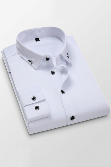 Simple Mens Shirt Plain Turn-Down Collar Single Breasted Long Sleeve Shirt