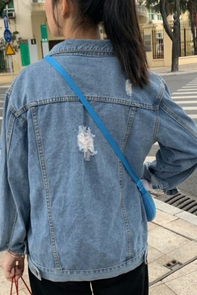 Simple Womens Jacket Solid Ripped Lapel Collar Flap Pockets Long Sleeve Denim Jacket
