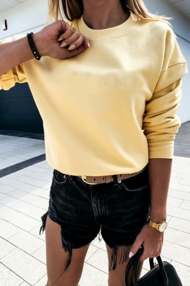 Simplicity Womens Sweatshirt Pure Color Round Collar Regular Fit Long-Sleeved Pullover Sweatshirt