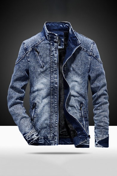Stylish Jacket Pure Color Long Sleeve Stand Collar Regular Zip down Denim Jacket for Boys