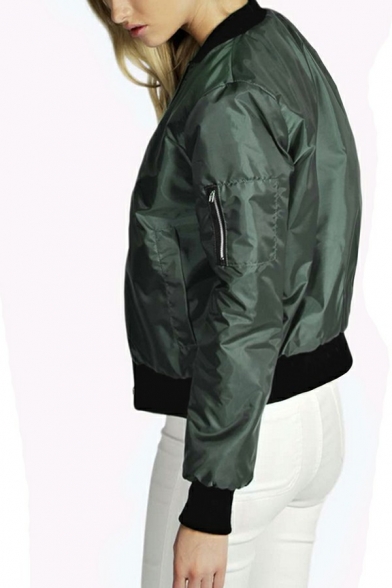 Stylish Ladies Jacket Plain Contrast Ribbed Collar Zipper Fly Long Sleeve Bomber Jacket
