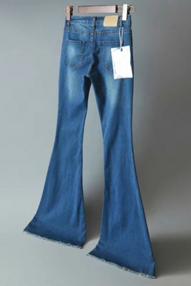 Stylish Womens Jeans Darkwash Blue Zip Up High Waist Wide Leg Denim Pants