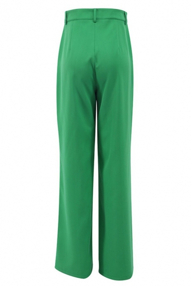 Stylish Womens Pants Solid Color Zipper Closure High Rise Long Straight Wide Leg Pants