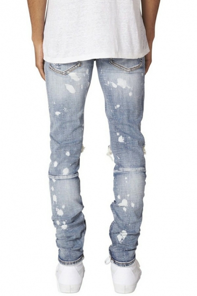 Trendy Mens Jeans Medium Wash Button Placket Pocket Detail Distressed Design Slim Fit Jeans