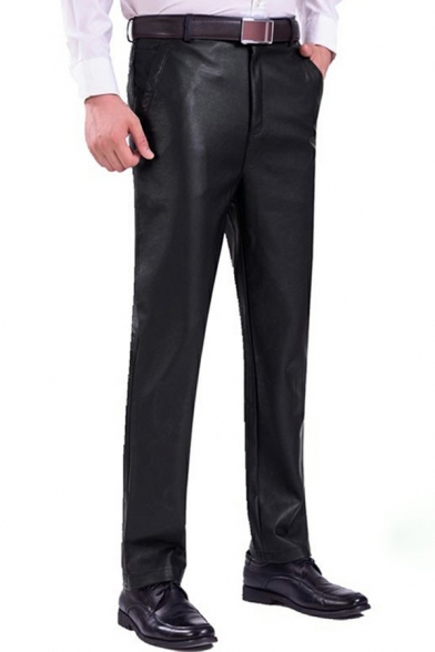 Trendy Pants Solid Full Length Regular Fitted Front Pocket Zip Up Leather Pants for Men