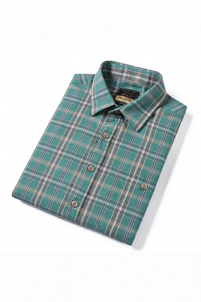Unique Men Shirt Plaid Pattern Short Sleeves Spread Collar Relaxed Button Fly Shirt