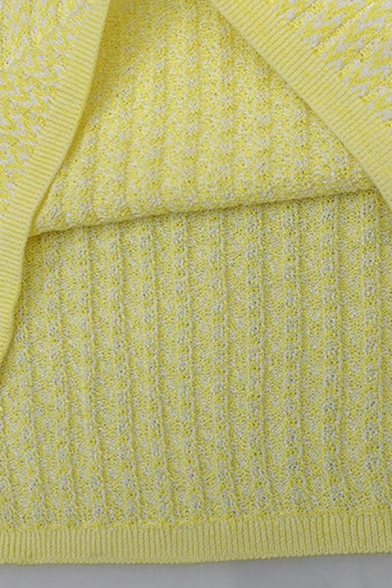 Vintage Ladies Knit Top Contrast Lapel Collar Chevron Pattern Short Sleeve Slim Fit Knit Top