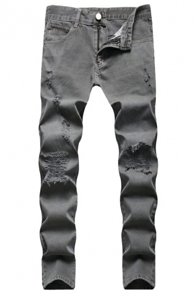 Basic Mens Jeans Plain Medium Wash Distressed Design Zipper Placket Slim Fit Jeans in Grey
