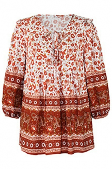 Bohemian Womens Blouses Shirt V Neck Lace-Up Front Flower Pattern Long Puff Sleeve Shirt