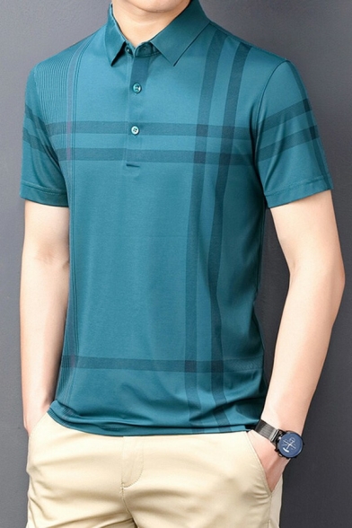 Casual Guys Polo Shirt Stripe Patterned Button Fitted Short-sleeved Polo Shirt