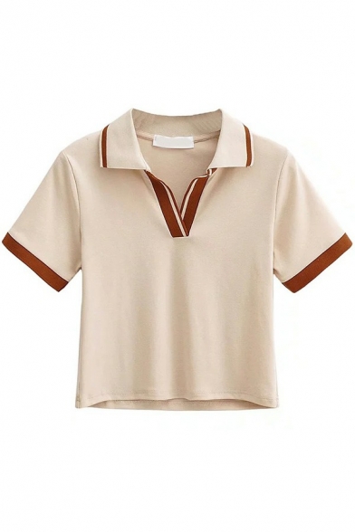 Casual Knit Polo Shirt Spread Collar Contrast Trim Short Sleeve Cropped Polo Shirt for Ladies
