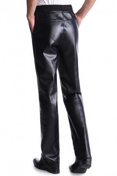 Classic Pants Solid Drawcord Waist Fleece Inner Long Length Pocket Leather Pants for Men
