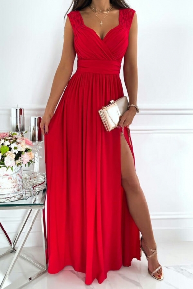 Faddish Womens Pleated Dress Solid Color Deep V Neck Slit Side Sleeveless Dress Maxi Dress