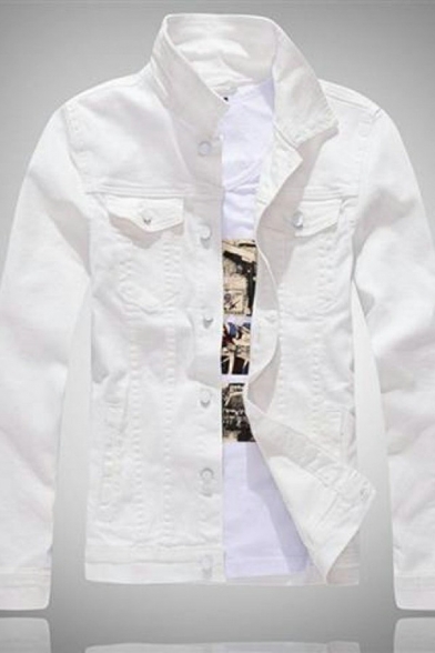 Guy's Trendy Jacket Whole Colored Pocket Long-Sleeved Stand Collar Regular Denim Jacket