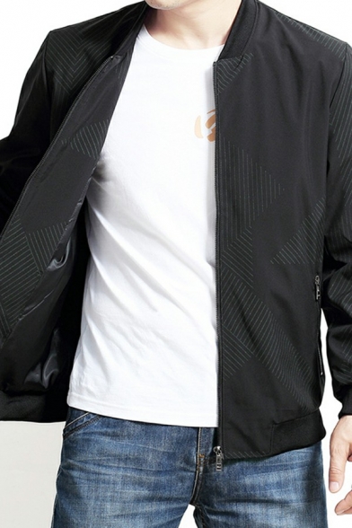 Guys Classic Jacket Stripe Print Stand Collar Long Sleeve Zip Up Baseball Jacket