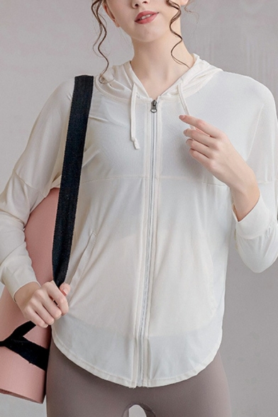 Leisure Ladies Jacket Plain Drawstring Zip Up Long Sleeve Curve Hem Hooded Gym Jacket