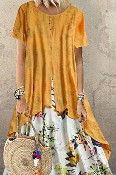Leisure Womens Dress Floral Patchwork Round Neck Short Sleeve Midi T-Shirt Dress