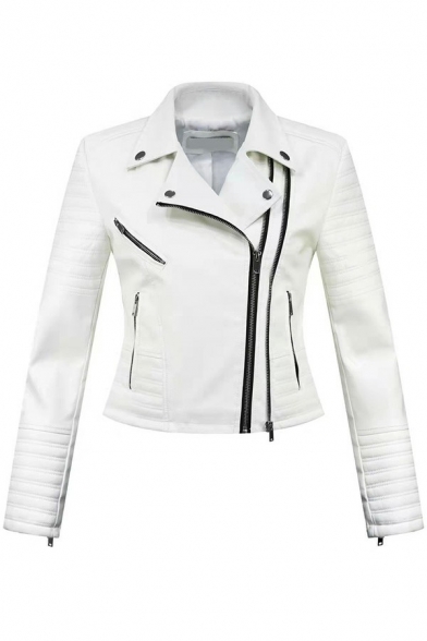 Leisure Womens PU Jacket Pure Color Oblique Zipper Notched Lapel Collar Slim Fit Leather Jacket