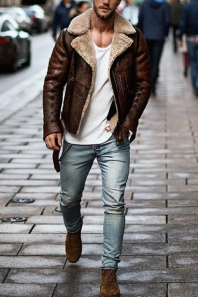 Men Cool Jacket Pure Color Lapel Collar Long Sleeves Zip down Leather Fur Jacket for Men