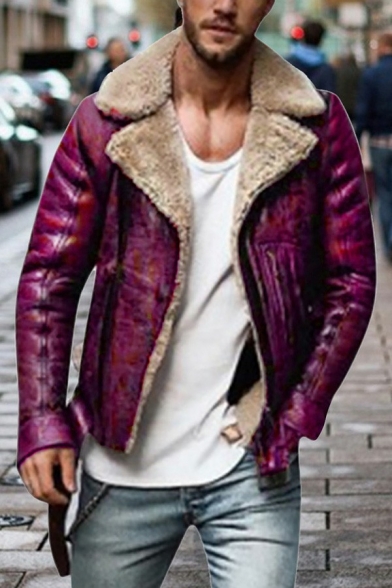 Men Cool Jacket Pure Color Lapel Collar Long Sleeves Zip down Leather Fur Jacket for Men