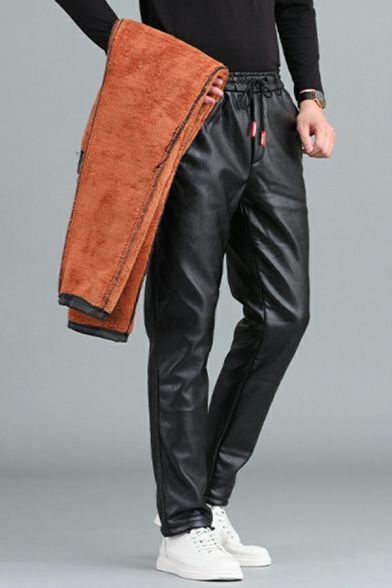 Modern Guys Pants Camo Patterned Drawcord Waist Side Pocket Full Length Leather Pants