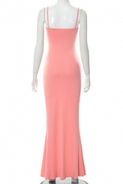 Modern Slip Dress Pure Color Spaghetti Straps Collar Sleeveless Skinny Dress for Girls