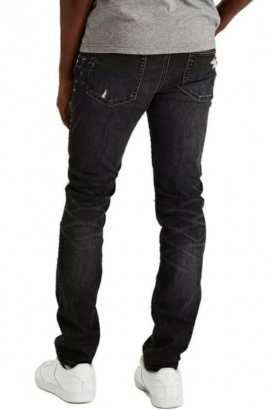 Simple Mens Jeans Medium Wash Button Placket Distressed Design Slim Fitted Jeans with Pocket