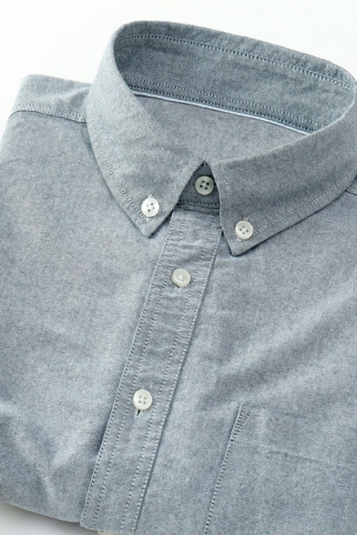 Simple Mens Shirt Pure Color Long Sleeve Button Closure Button-Down Collar Regular Fit Button Shirt