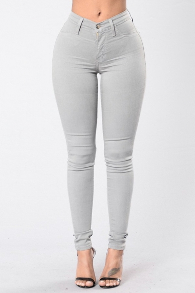 Simple Womens Jeans Colored Denim Zip Fly High Waist Super Skinny Pants