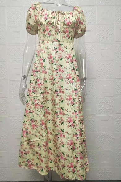 Stylish Ladies Dress Flowers Printed Square Neck Bow Short Puff Sleeve Split Maxi Flare Dress