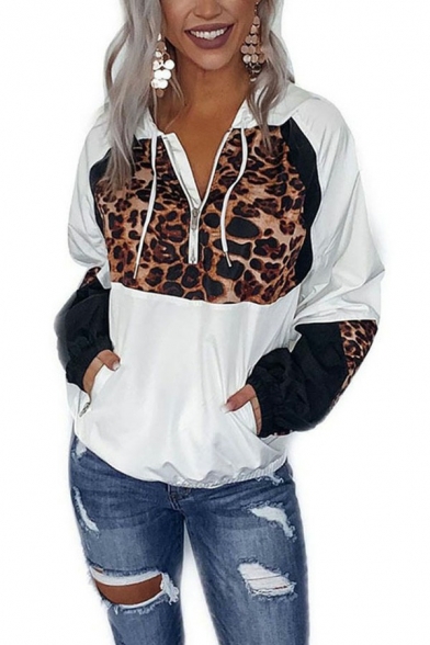 Vintage Womens Hoodie Leopard Patchwork Half Zip Drawstring Long Sleeve Hoodie