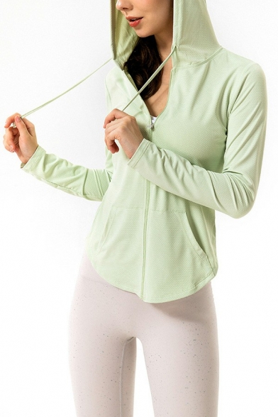Womens Workout Hooded Jacket Pure Color Zipper Up Curved Hem Regular Fit Gym Jacket