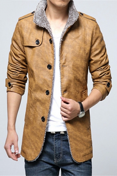 Basic Plain Leather Jacket Stand Collar Pocket Detail Zip Closure Fitted Leather Jacket for Men