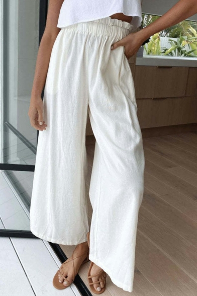 Basic Womens Pants Plain Mid Rise Cotton and Linen Elastic Waist Long Straight Wide Leg Pants