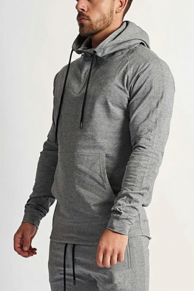 Casual Men's Set Pure Color Long Sleeve Drawstring Hoodie with Drawstring Waist Pants Set