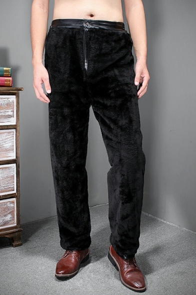 Casual Mens Pants Plain Button Placket PU Leather Pocket Detail Mid Rise Full Length Regular Fit Pants in Black