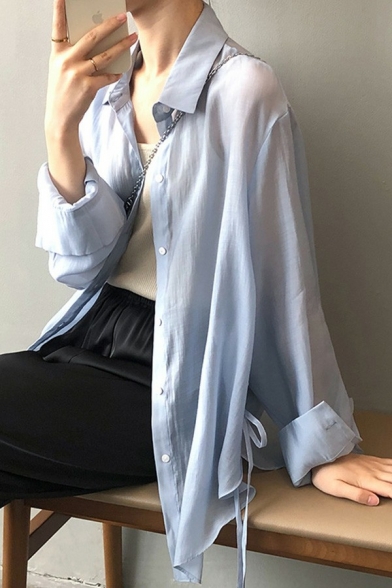 Chic Ladies Shirt Plain Turn-Down Collar Single Breasted Side Bow Long Sleeve Shirt