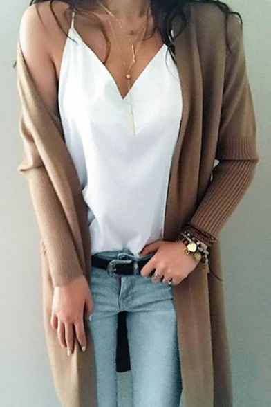 Elegant Womens Sweater Plain Open Front Long Sleeve Longline Cardigan