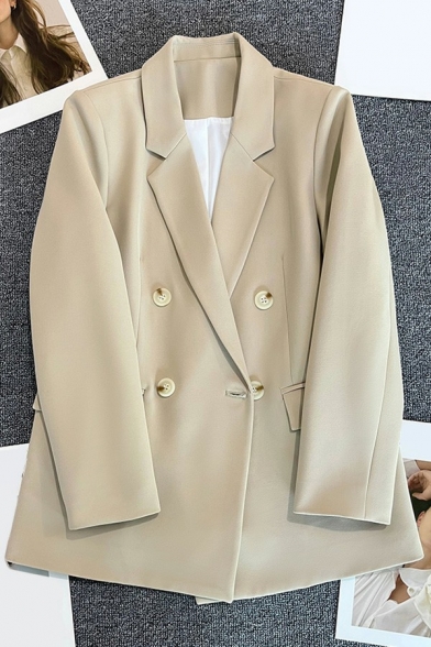 Fancy Womens Plain Blazer Notched Lapel Collar Double Breasted Loose Fit Blazer with Flap Pockets