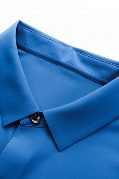 Fashion Guys Shirt Pure Color Turn-down Collar Short Sleeves Slimming Button Closure Shirt
