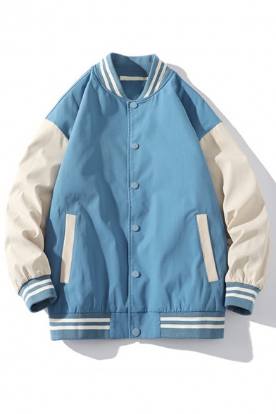 Guys Stylish Jacket Contrast Line Stand Neck Long Sleeve Button-up Baggy Baseball Jacket