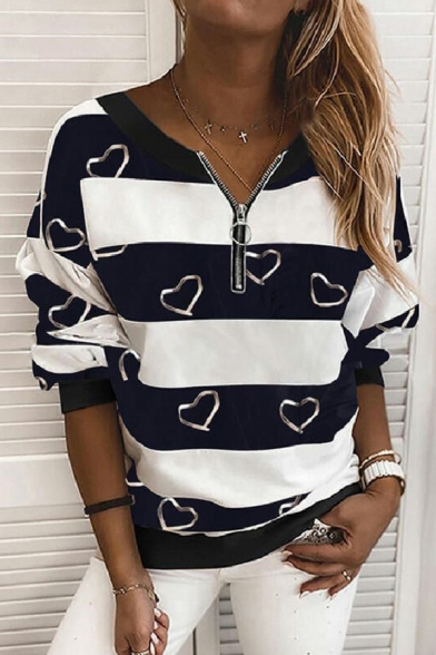 Ladies Hot Sweatshirt Heart Print Long-Sleeved Regular Fit 1/2 Zipper Collar Sweatshirt