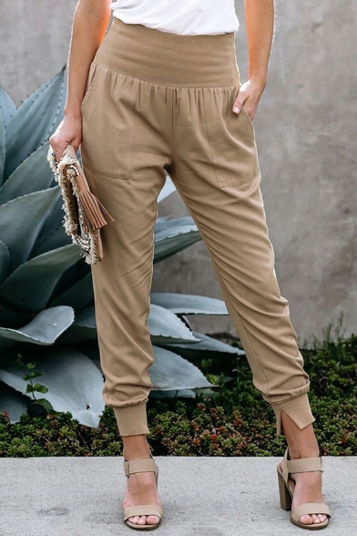 Leisure Womens Crop Pants Pure Color High Waist Split Detail Slim Fit Joggers Pants