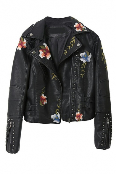 Leisure Womens PU Jacket Notched Lapel Collar Flower Print Side Zipper Slim Fit PU Jacket