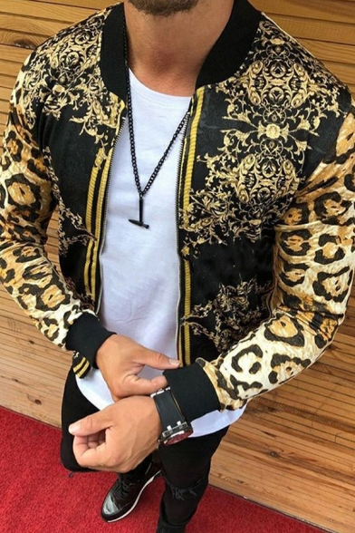 Men Casual Jacket Floral Print Long-Sleeved Stand Collar Zip Closure Jacket in Gold