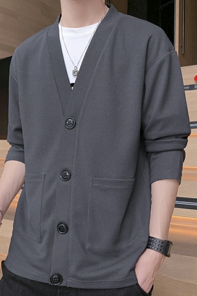 Men's Daily Suit Jacket Solid Color V-neck Button Closure Pocket Detail Suit Jacket