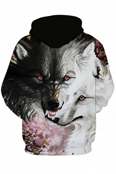 Men Stylish Hoodie 3D Wolf Pocket Regular Fit Long-Sleeved Hooded Drawstring Hoodie