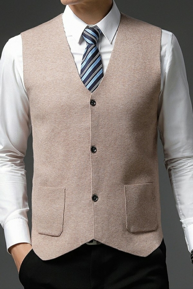 Mens Sweater Vest Plain Sleeveless V-Neck Button Closure Pocket Detail Regular Fit Knitted Vest