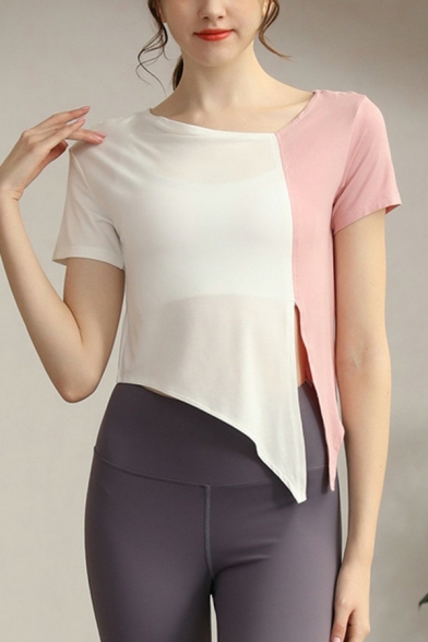 Modern Womens T-Shirt Contrast Color Crew Neck Short Sleeve Bow Cropped Yoga T-Shirt