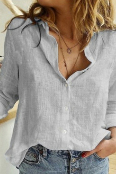 Popular Solid Color Shirt Button Closure Spread Collar Long Sleeve Loose Fit Shirt for Women